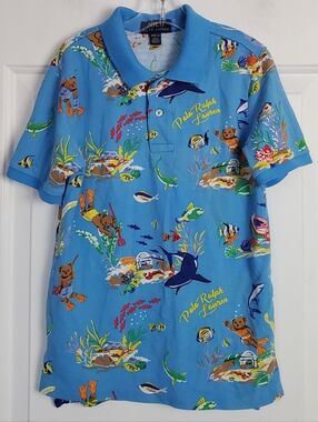 Polo Ralph Lauren Boys Bear AOP Mesh Polo Shirt READ - Size M (10-12) - GUC